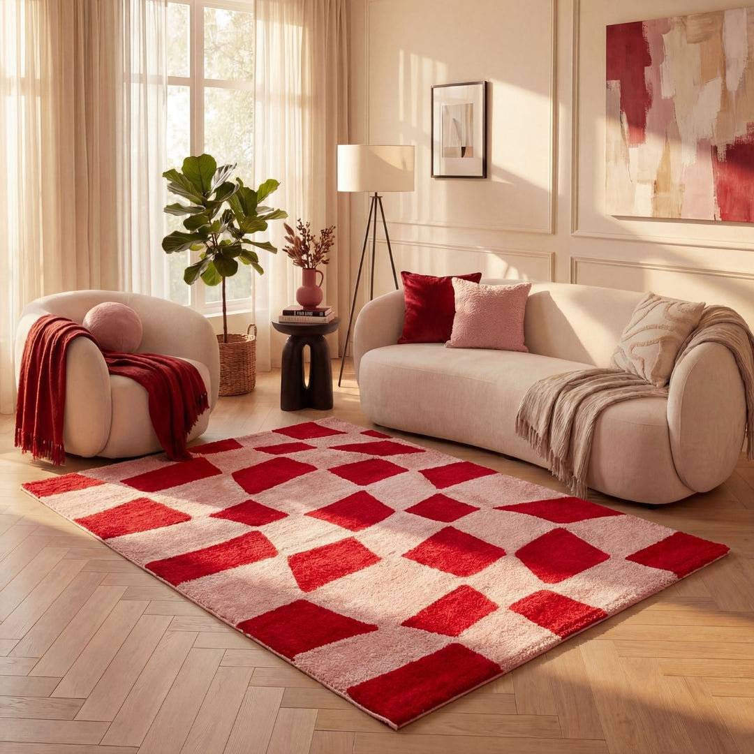 THE RUGS Joli Chequered Area Rug Soft Dense Pile Pink
