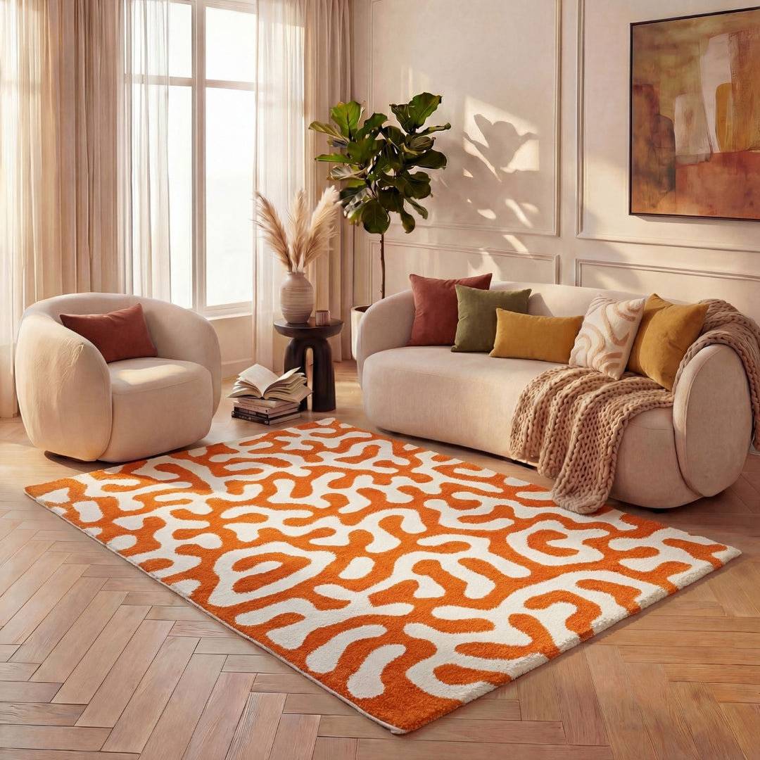 THE RUGS Abstract Doodle Area Rug Rectangle 200 x 290 cm White, Orange