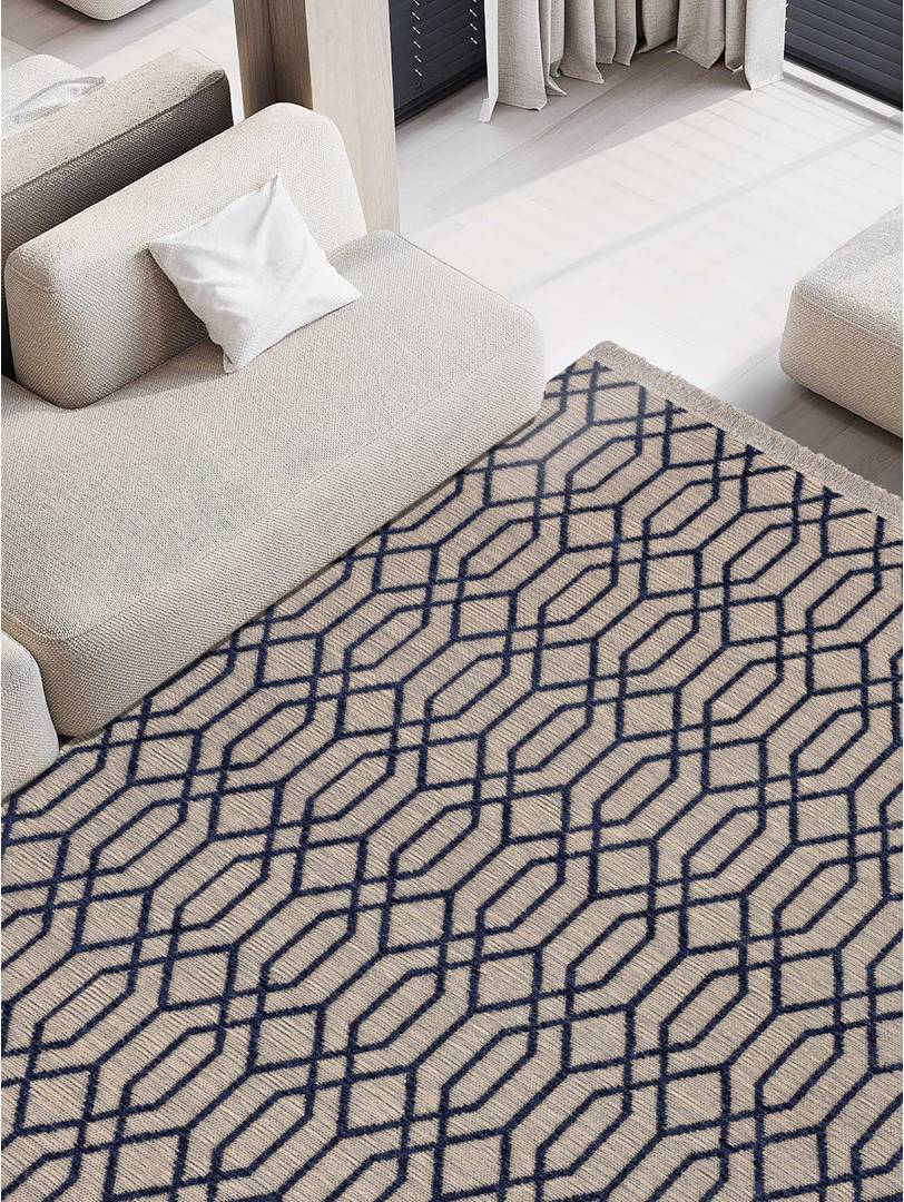 Ebern Designs Geometric Area Rug Polyester Jute Chenille Beige Blue