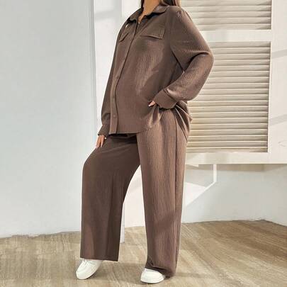 Shein Long Sleeve Button-Up Maternity Set - Solid Color
