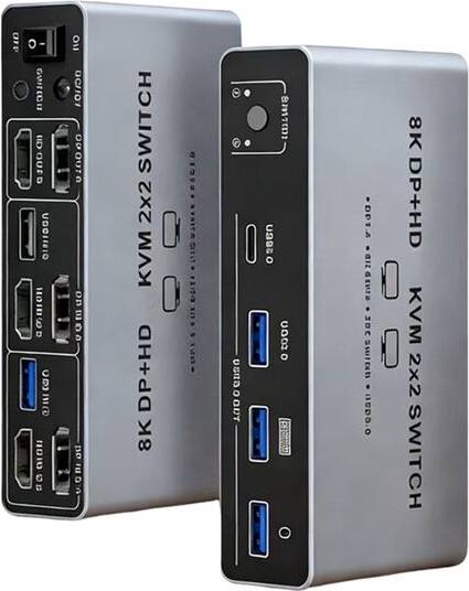 8K DP+ Compatible KVM 2x2 Dual-Screen Switcher