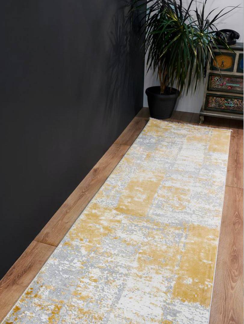 Ebern Designs Abstract Area Rug Polyester Yellow Cream Grey