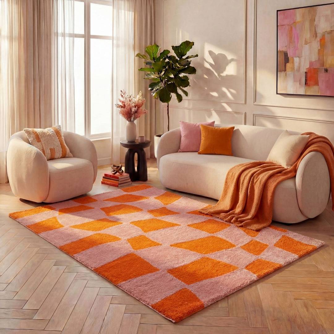 THE RUGS Joli Chequered Area Rug Soft Dense Pile Pink