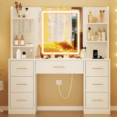 Large makeup vanity Shein Large Vanity Desk With LED Mirror Dressing Table