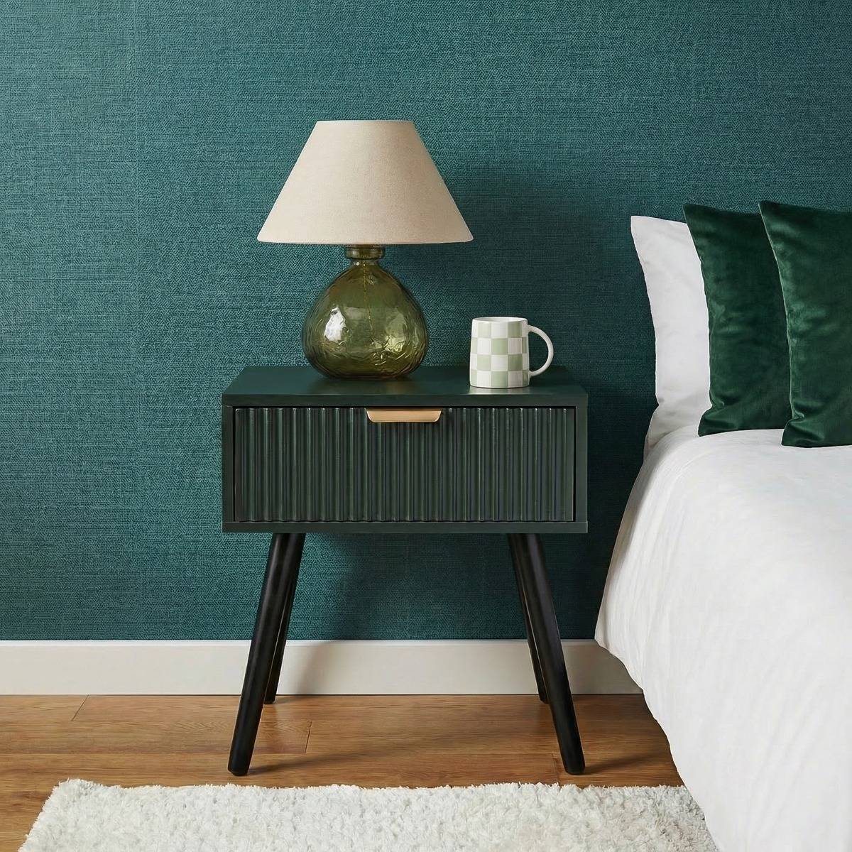 OHS Ribbed 1-Drawer Deep Forest Green Bedside Table