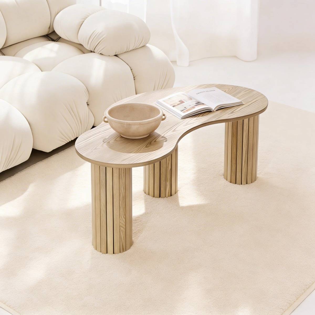 OHS Madison Ribbed Irregular Light Wood Coffee Table
