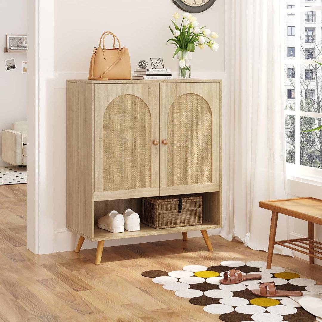 Rebrilliant Rattan Cabinet With Doors Shoe Rack 2pcs