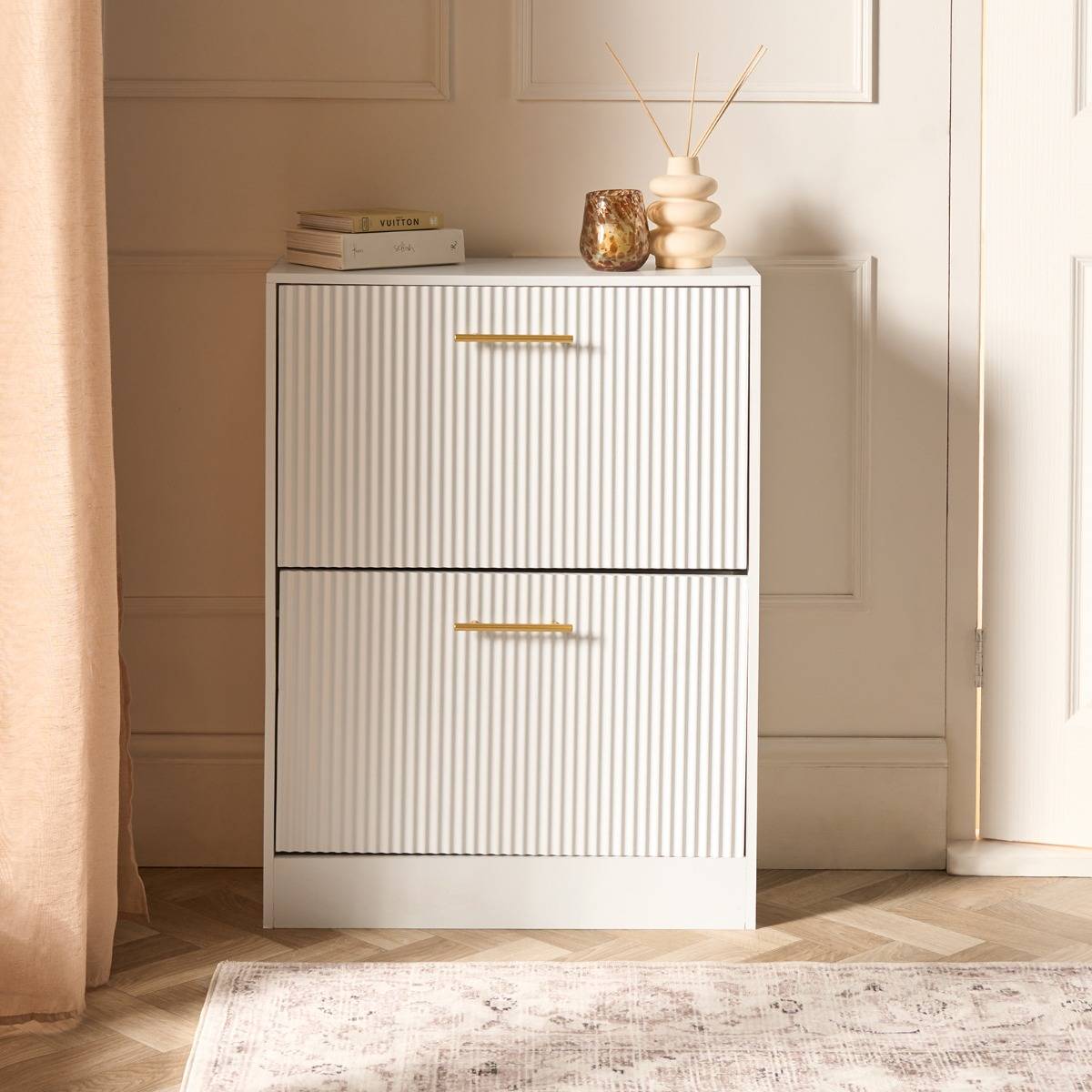 OHS Ribbed 2-Drawer Cabinet White Shoe Rack