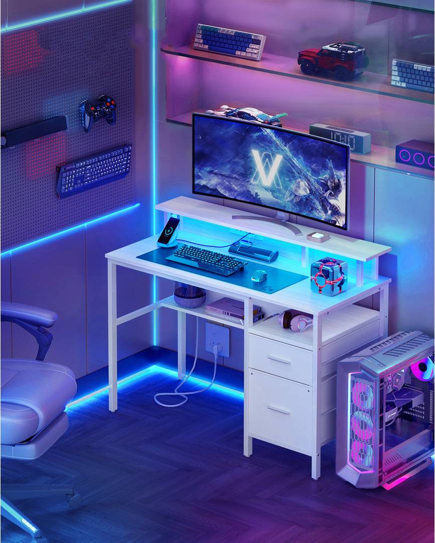 Metro Lane Computer With Fabric Drawers LED Lighting Writing Desk