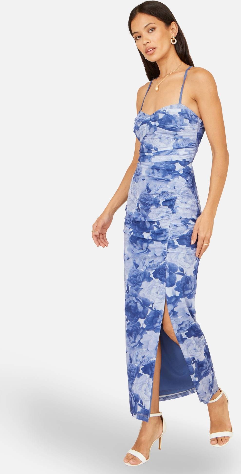 Yumi Mesh Ruched Midi Dress With Split - Blue