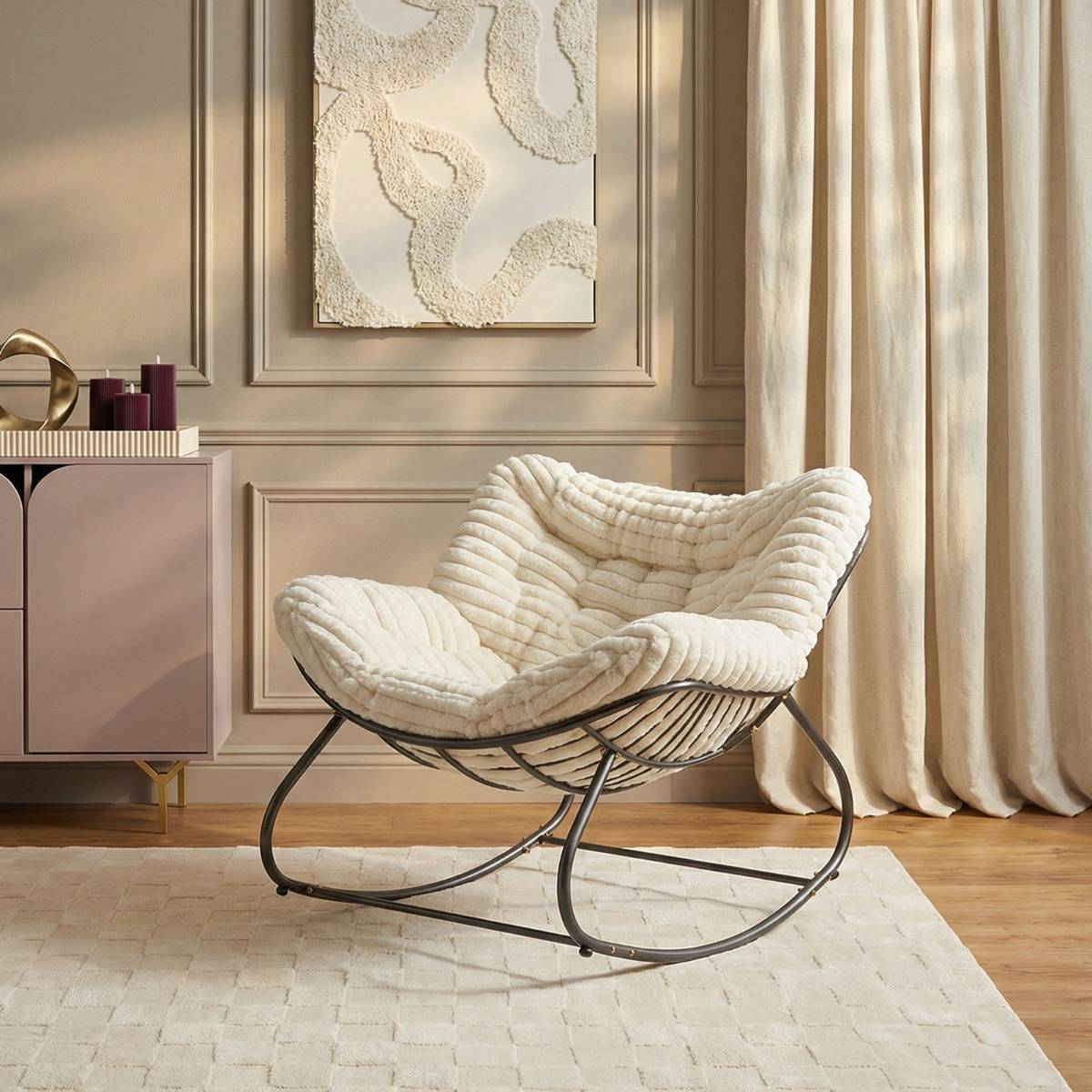 OHS Ribbed Faux Fur Cream Rocking Chair