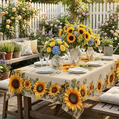 Shein Polyester Sunflower Leaf Pattern Tablecloth