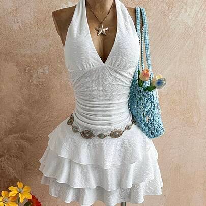 Shein V-Neck Ruched Ruffle Mesh Dress - White