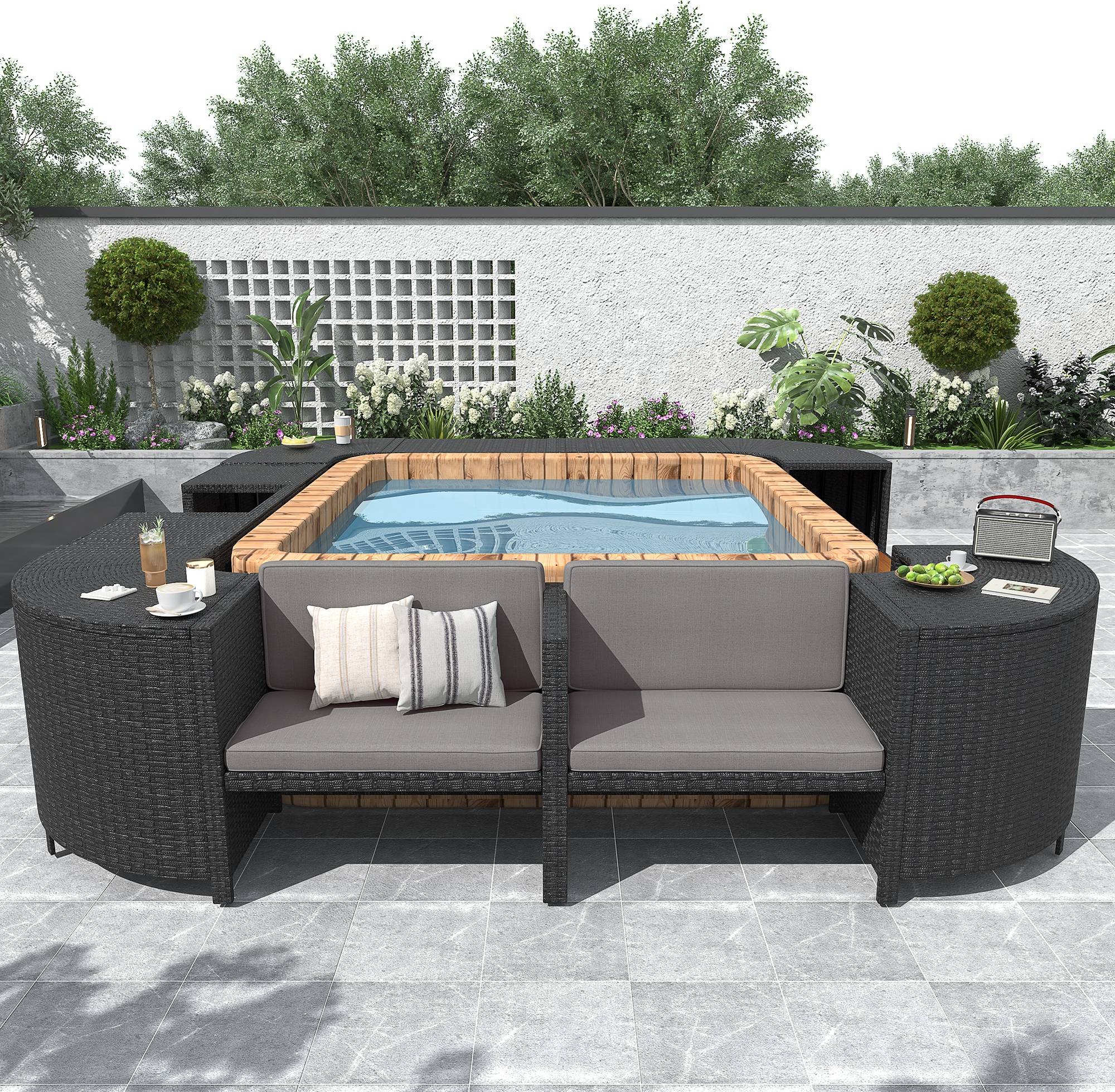 Outdoor spa Spa Surround Quadrilateral Rattan Sofa Outdoor Lounge Set