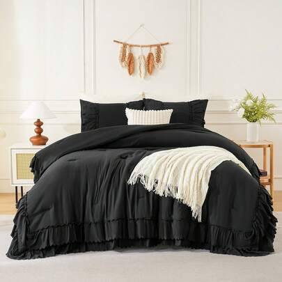 Shein Ruffle Comforter Set 3 Pcs Bedspread Black