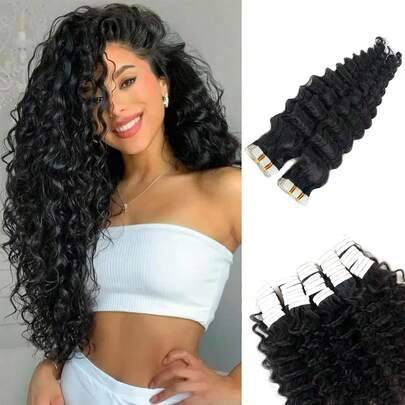 Human hair extensions Shein Deep Wave Tape In Human Hair Extensions 20 Pcs