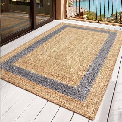 Shein Boho Faux Jute Printed Area Rug Rectangle Braided Texture Pattern Beige