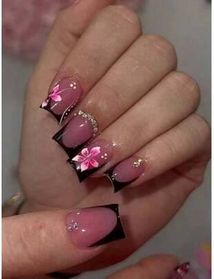 Gel nail kit Shein Winter Rhinestone Short Square Nails Kit With Nail File Jelly Gel
