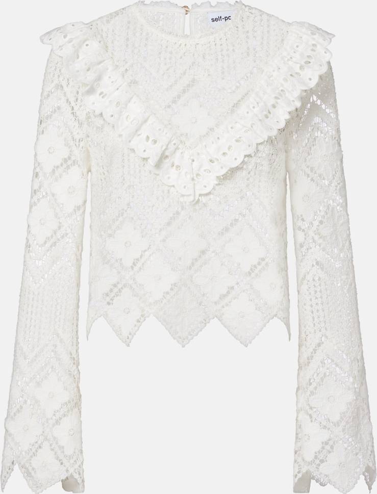 Self-Portrait Crochet Ruffled Top - White