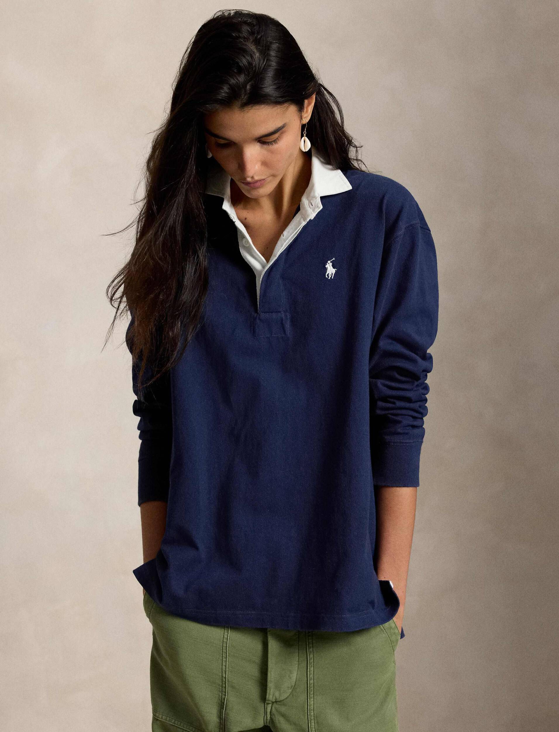 Polo Ralph Lauren Contrast Collar Oversize Fit Rugby Top - Navy