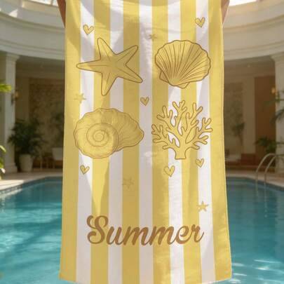 Shein Ultra Soft Striped Shell Pattern Beach Bath Towel Yellow