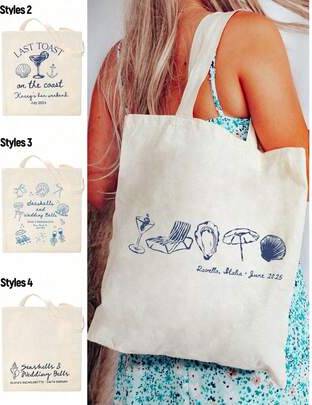 Shein Customized Shell Wedding Bell Pattern Beach Tote Bag With Location Name