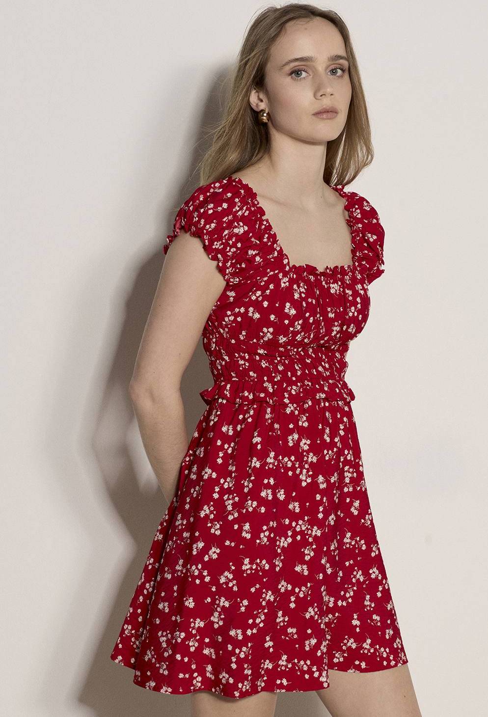 Apricot Floral Ruffle Mini Dress - Red