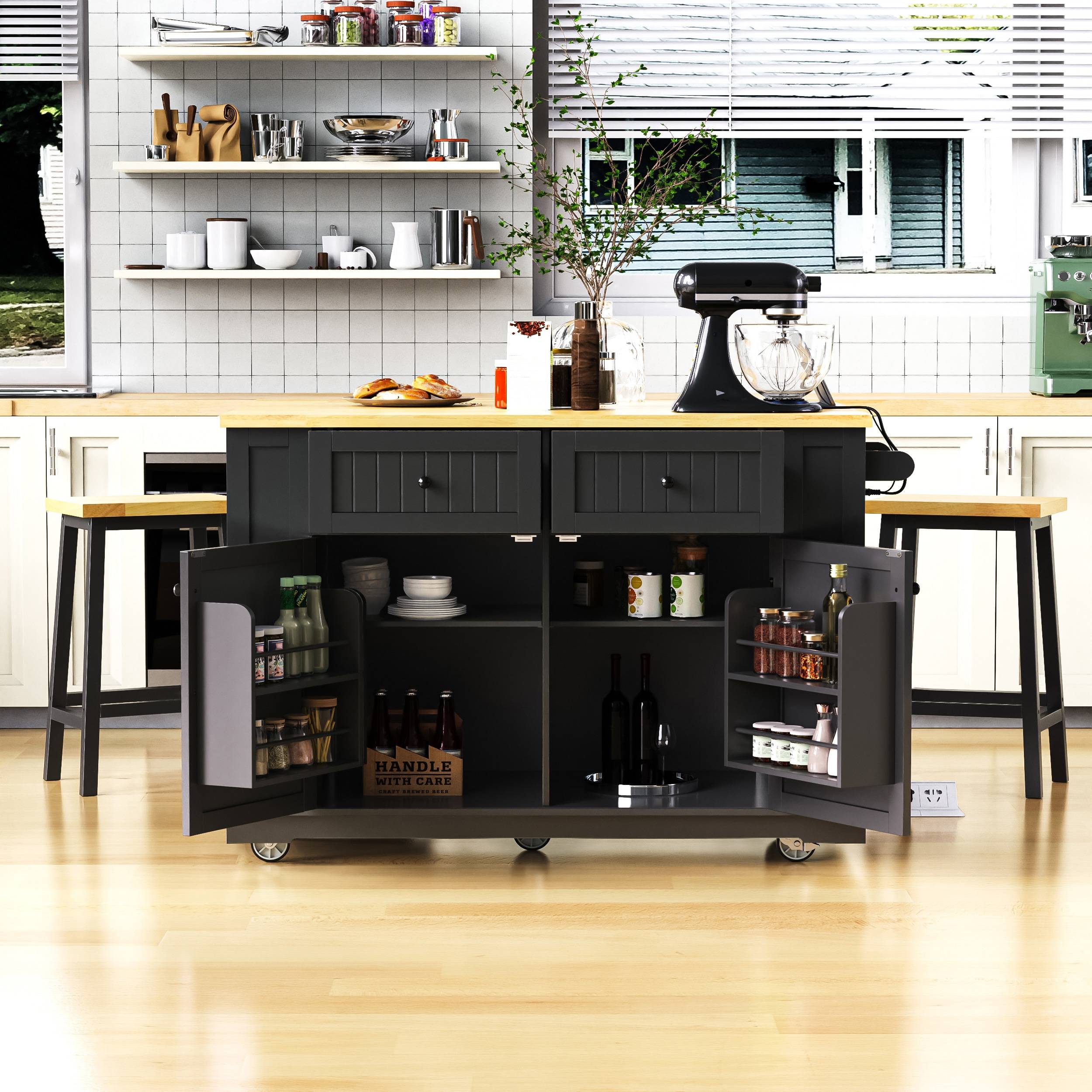 Kitchen storage rack ModernLuxe Kitchen Island with 2 Bar Stools Storage Rack