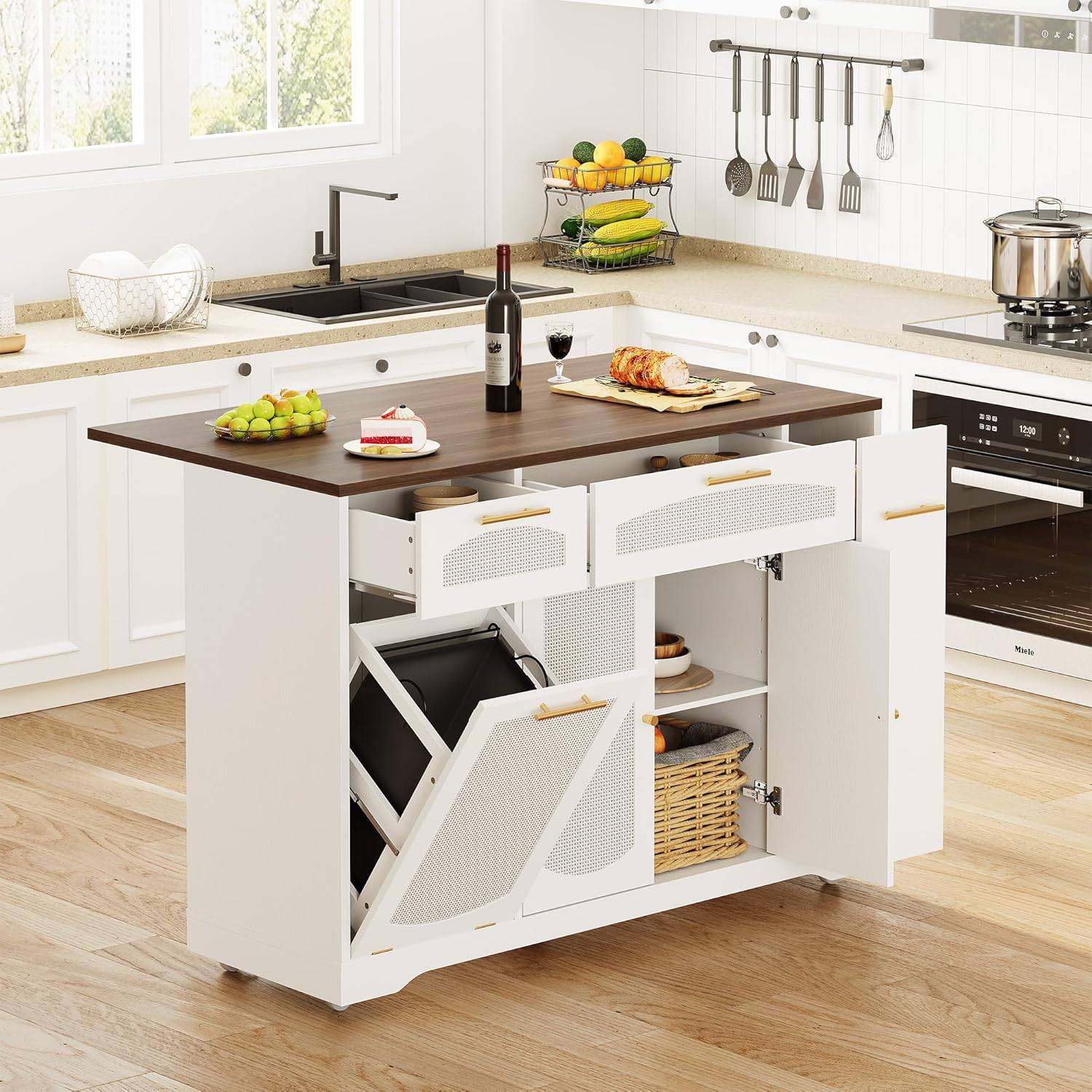 Trash can cabinet Garvee Rattan Rolling Kitchen Island Table Drop Leaf Tilt Out Trash Can Cabinet 2 Drawer Spice Rack