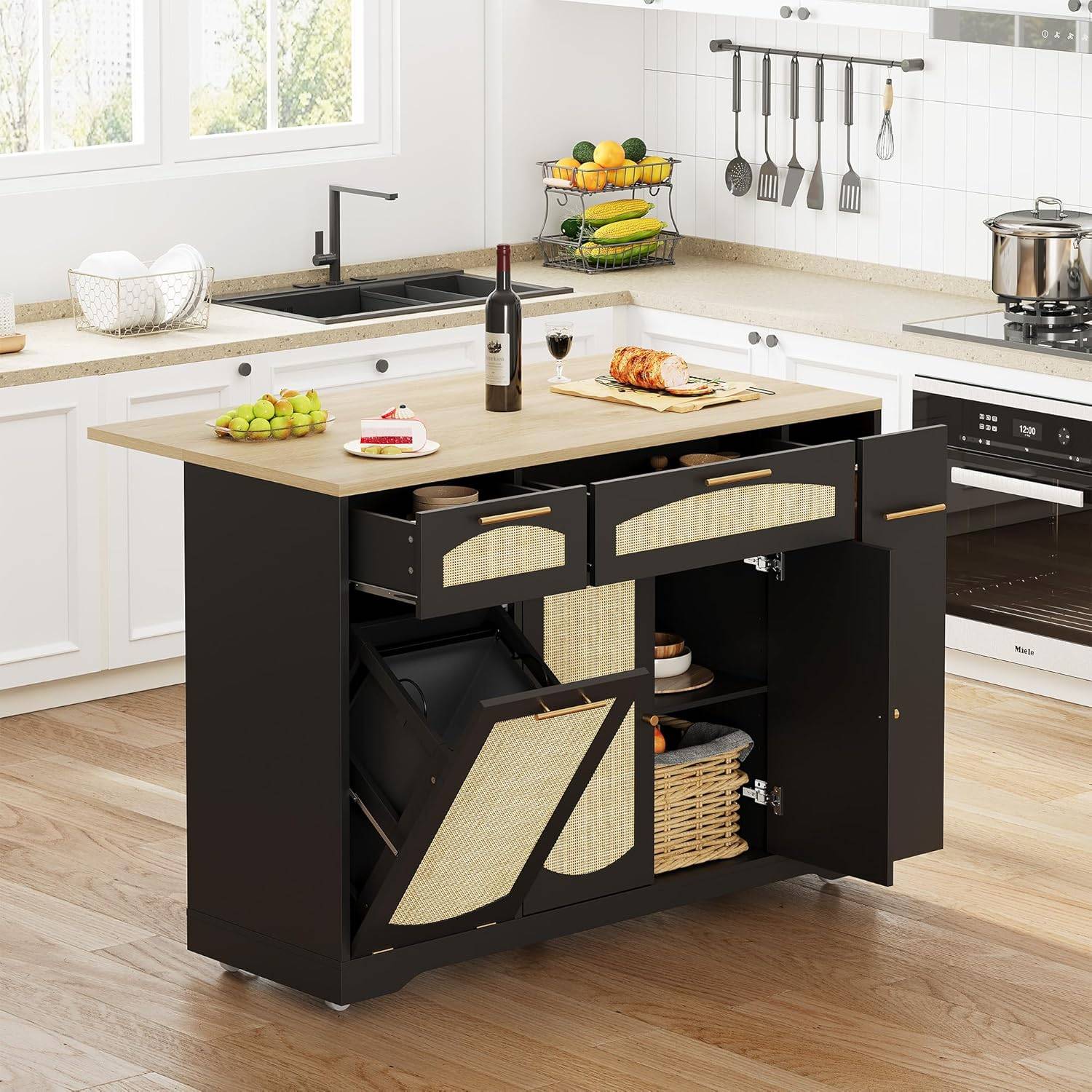 Trash can cabinet Garvee Rattan Rolling Kitchen Island Table Drop Leaf Tilt Out Trash Can Cabinet 2 Drawer Spice Rack