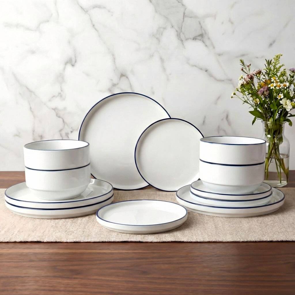 Waterside 12Pc Stackable Dark Blue Rim Dinner Set