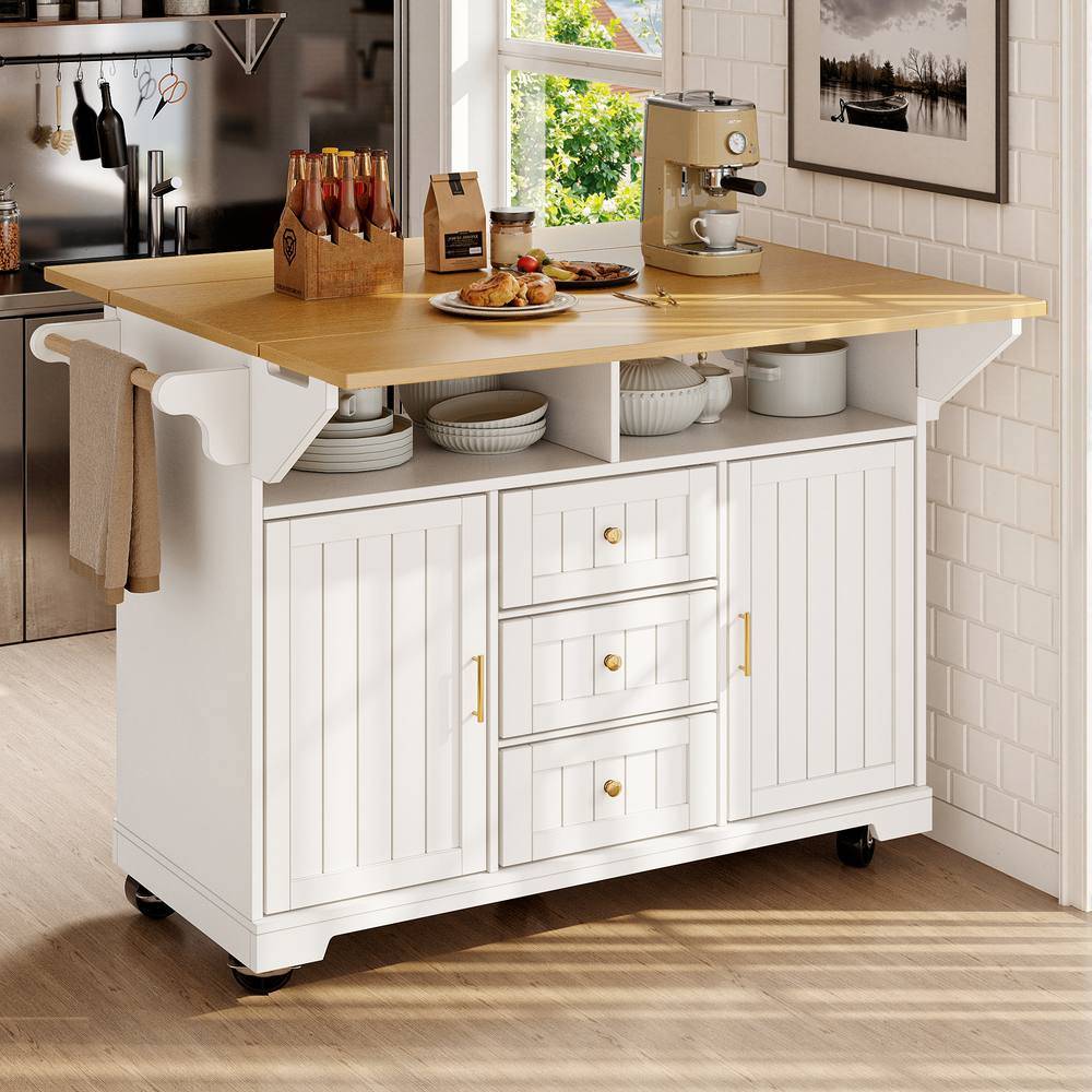 Extendable Kitchen Island Trolley With Storage Casters - White