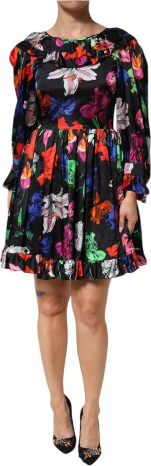 Floral Ruffle Mini Short Dresses - Black