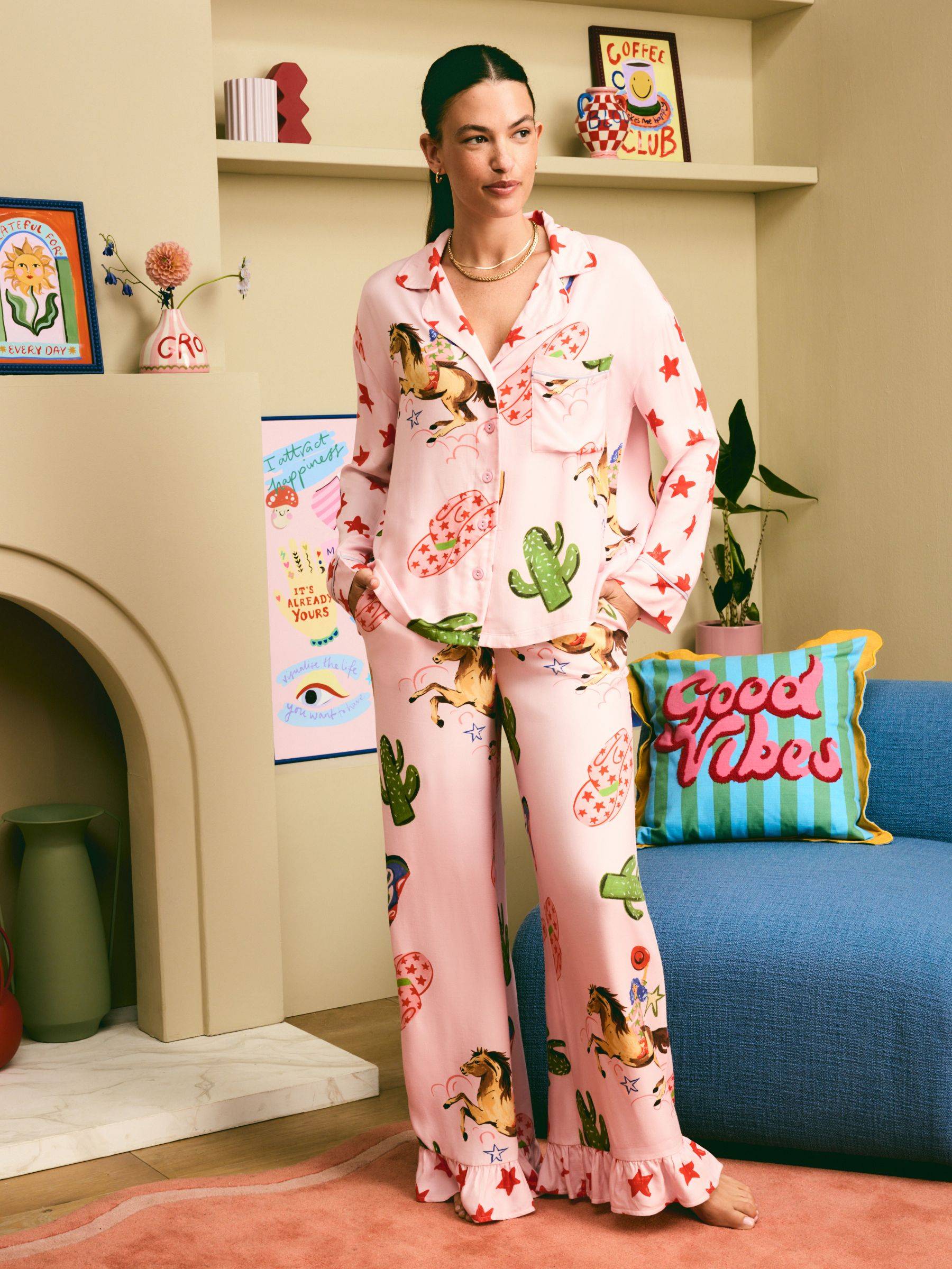 Pale Pink Howdy Viscose Button Through Pyjamas