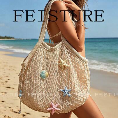 Shein Summer Starfish Shell Decor Mesh Tote Bag - Beige