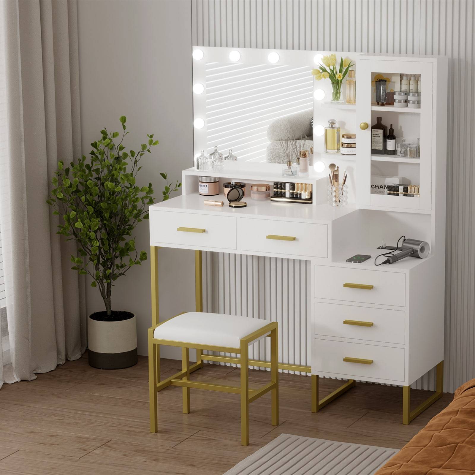 White makeup vanity with lights IDEALHOUSE Large Makeup Vanity Desk with Mirror LED Lights Dressing Table