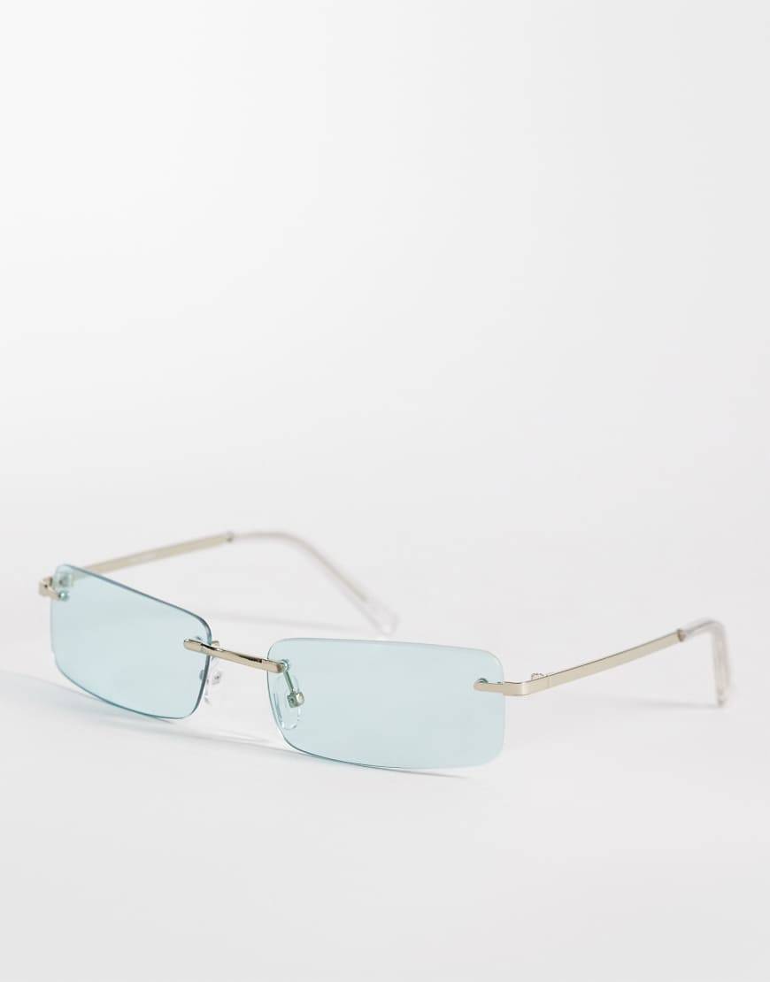 ASOS DESIGN Rectangle Rimless Sunglasses Silver Metal Green Lens