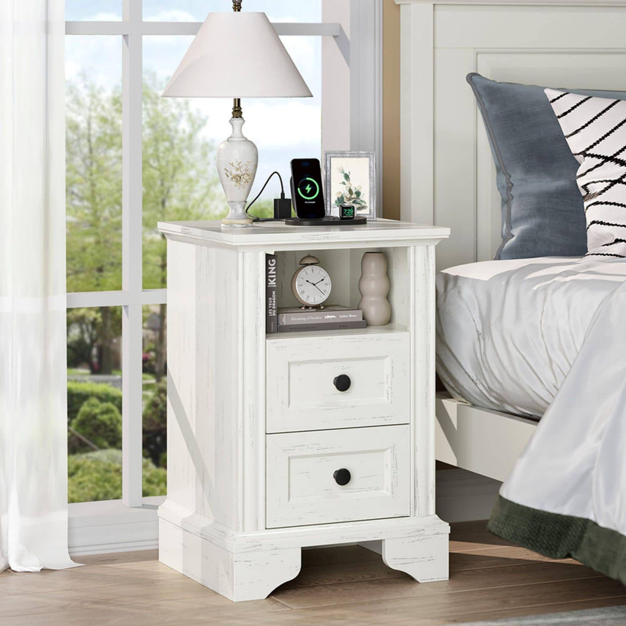 Oak Nightstand With 2 Drawers Shelf Socket Rattan Detail