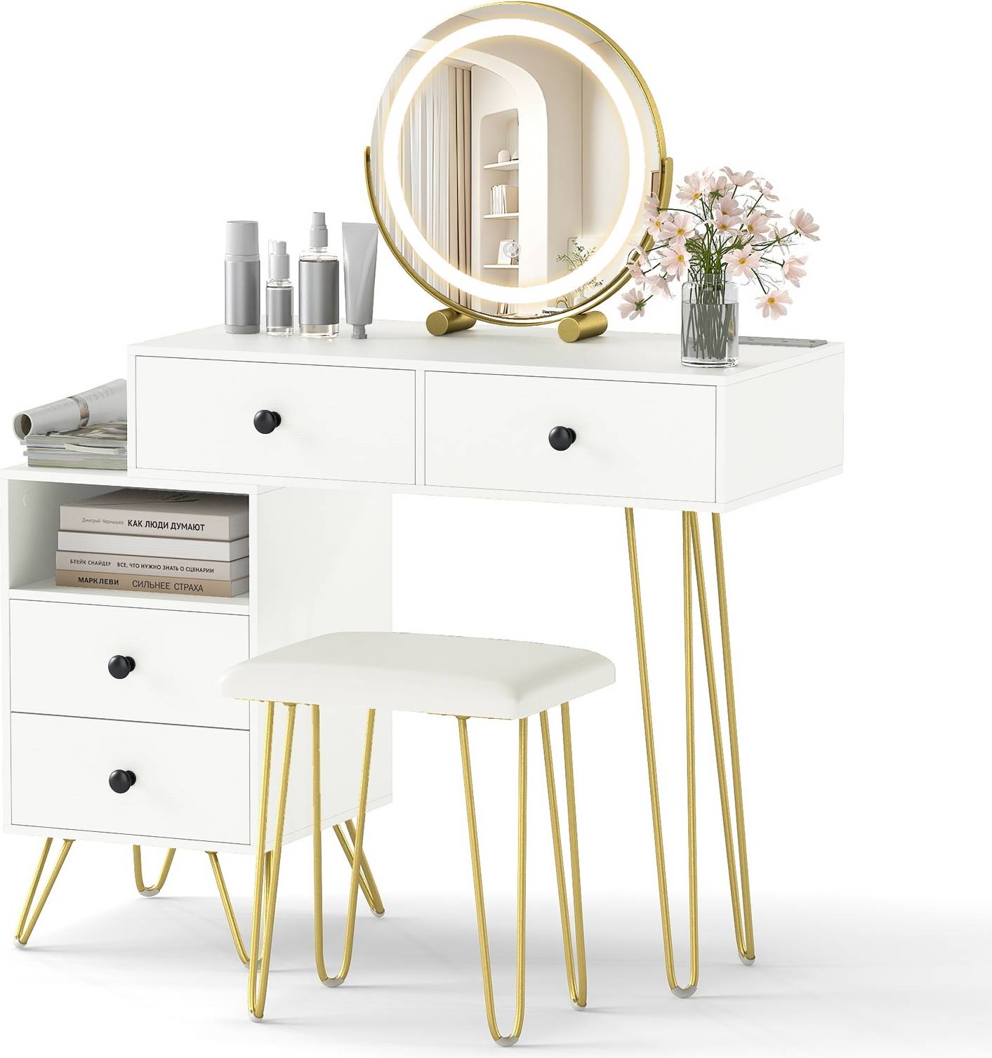 Makeup vanity with drawers SlickBlue Rustic White Makeup Vanity with LED Mirror Storage Drawers Dressing Table