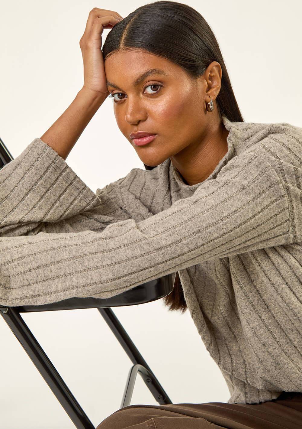 Roman High Neck Ribbed Snit Top - Natural