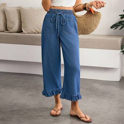 Shein Breezaya Plus Size Drawstring Waist Pockets Ruffled Hem Jeans