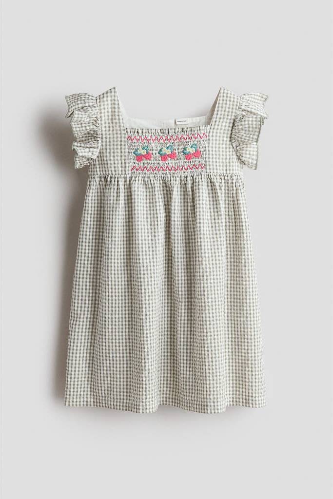 H m H&M Adorables Raspberry-Embroidered Gingham Cotton Dress