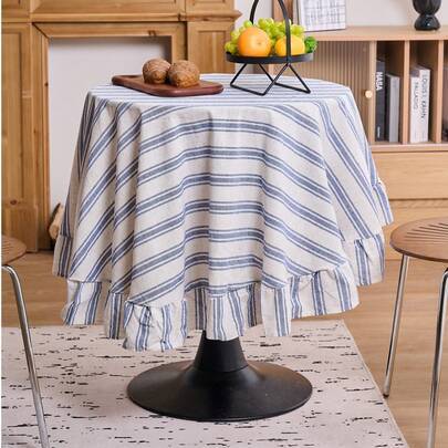 Shein Striped Ruffle Edge Round Table Decor Cloth Tablecloth Blue