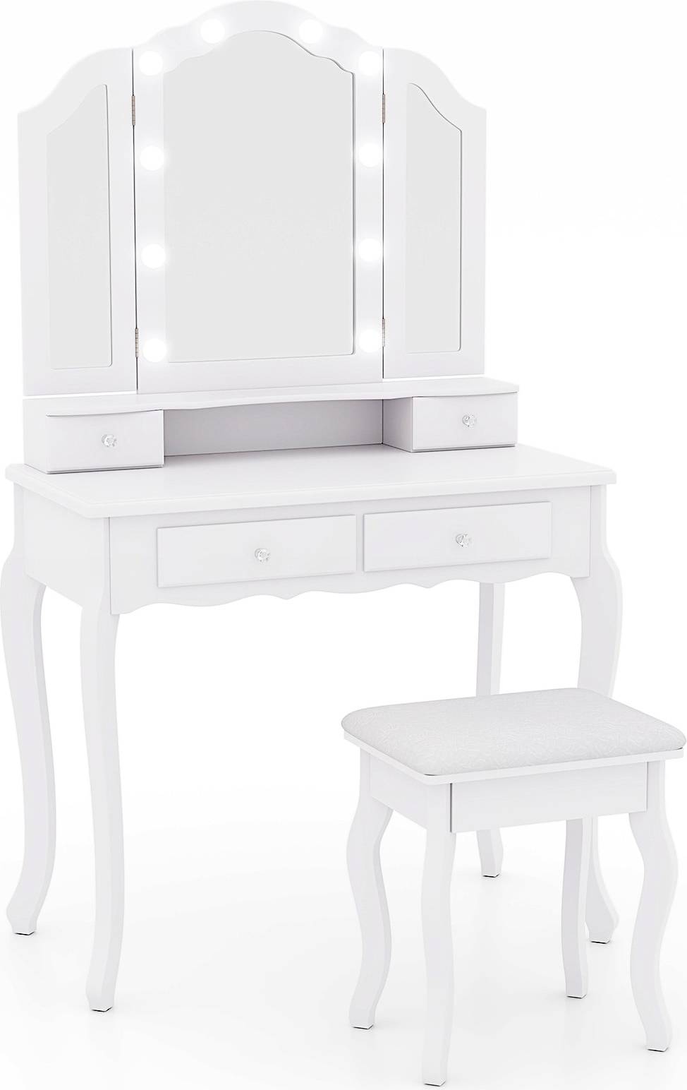 Makeup vanity with drawers SlickBlue Makeup Vanity Tri-Fold LED Mirror Drawers Dressing Table