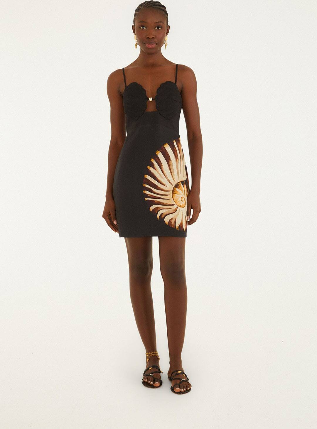 Farm Rio Ammonite Shell Bodice Cut-Out Mini Dress - Black