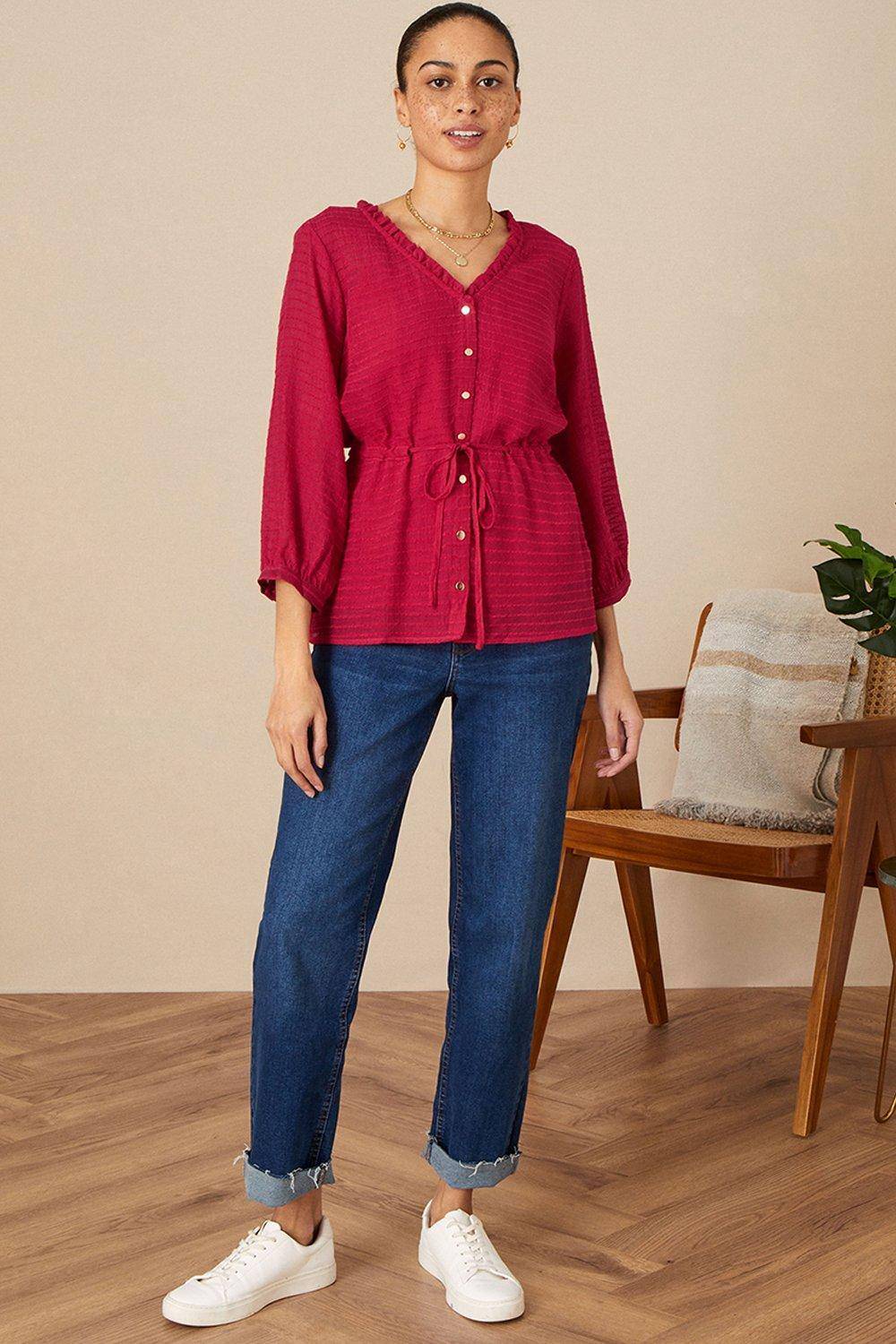 Monsoon Textured Button Through Top - Red