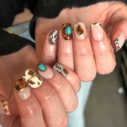 Short square acrylic nails Shein Short Square Acrylic Manicure Stickers Forest-Style Milk Pattern Turquoise Sugared Mocha Gold Thread Pattern