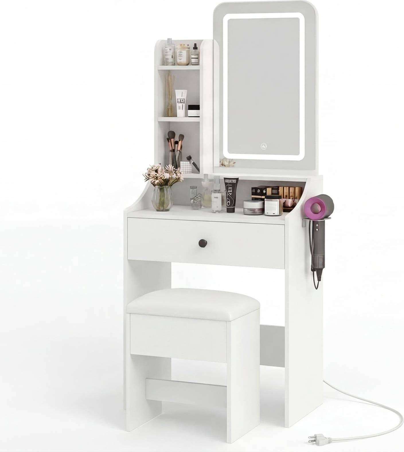 Makeup vanity with storage Sweetcrispy 24-Inch Vanity Makeup LED Mirror Stool Set Dressing Table