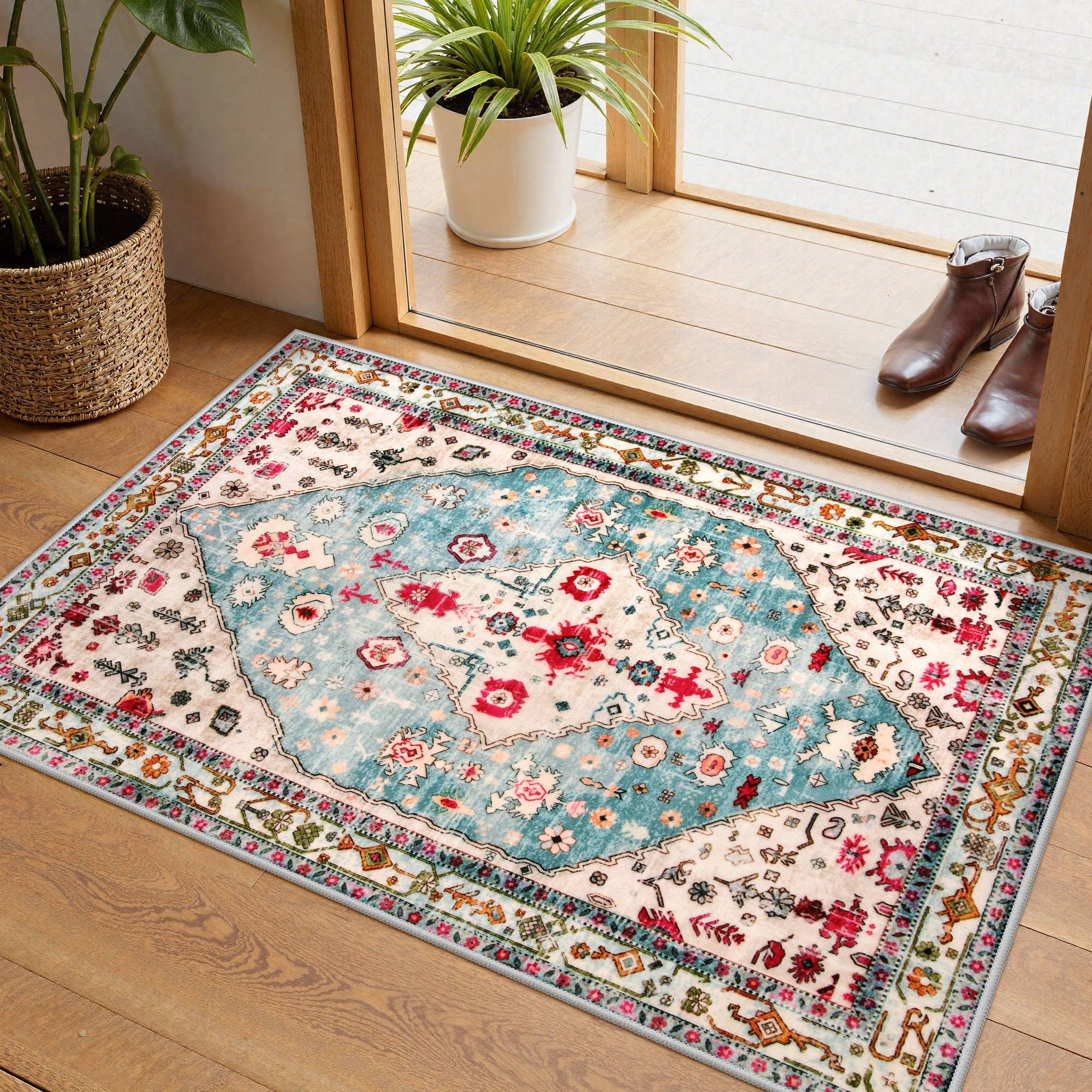 Red Washable Traditional Abstract Area Rug 2x3 ft