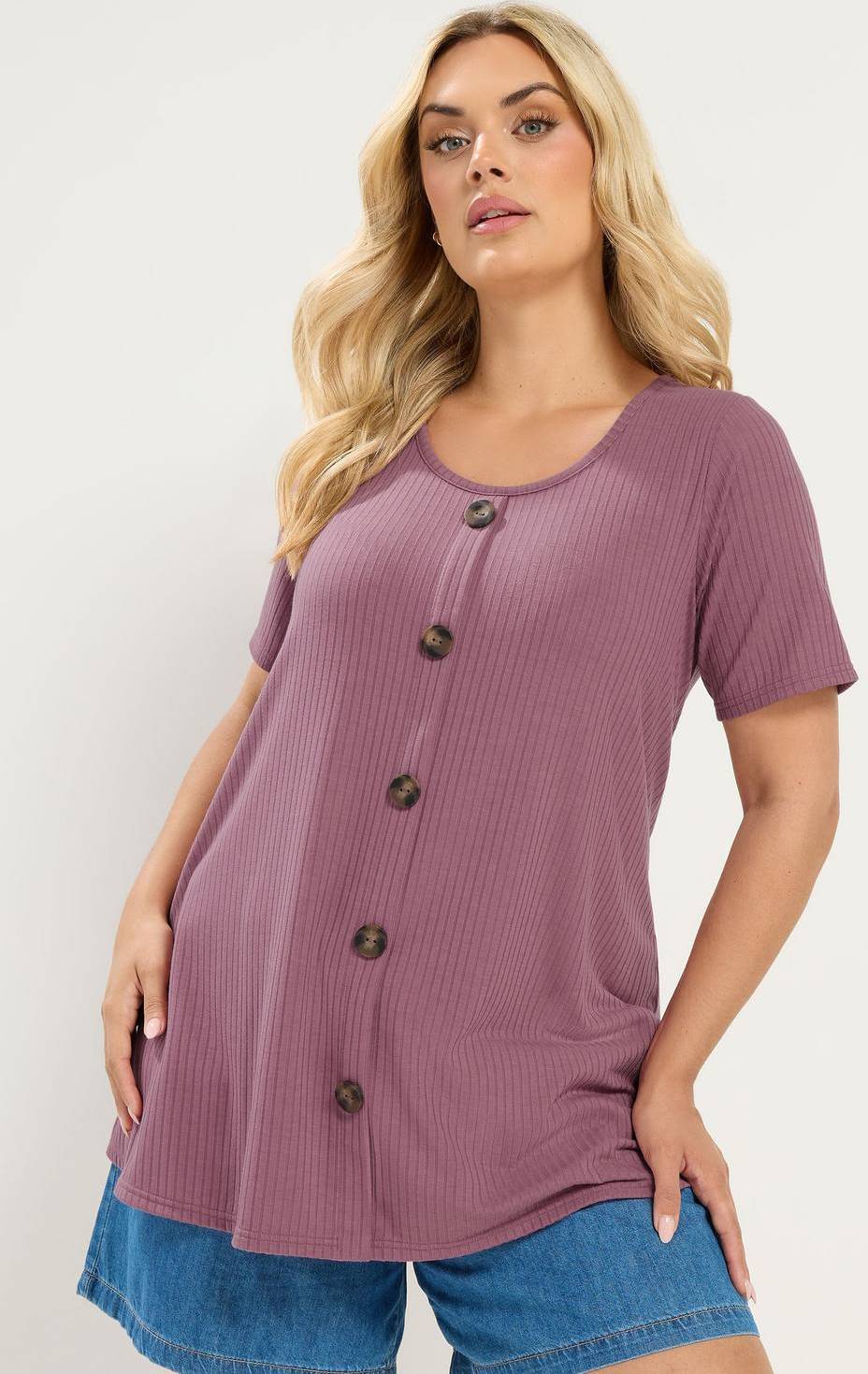 Yours Button Front Ribbed Swing Top - Pink